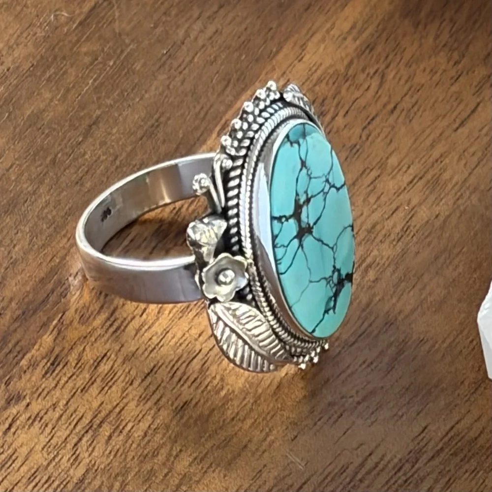 Southwest Spiderweb Turquoise Ring Size 9 Navajo Style Pure Sterling Silver 925